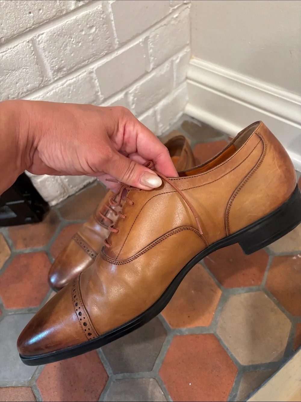 Santoni Cognac Brown Leather Cap-Toe Oxfords